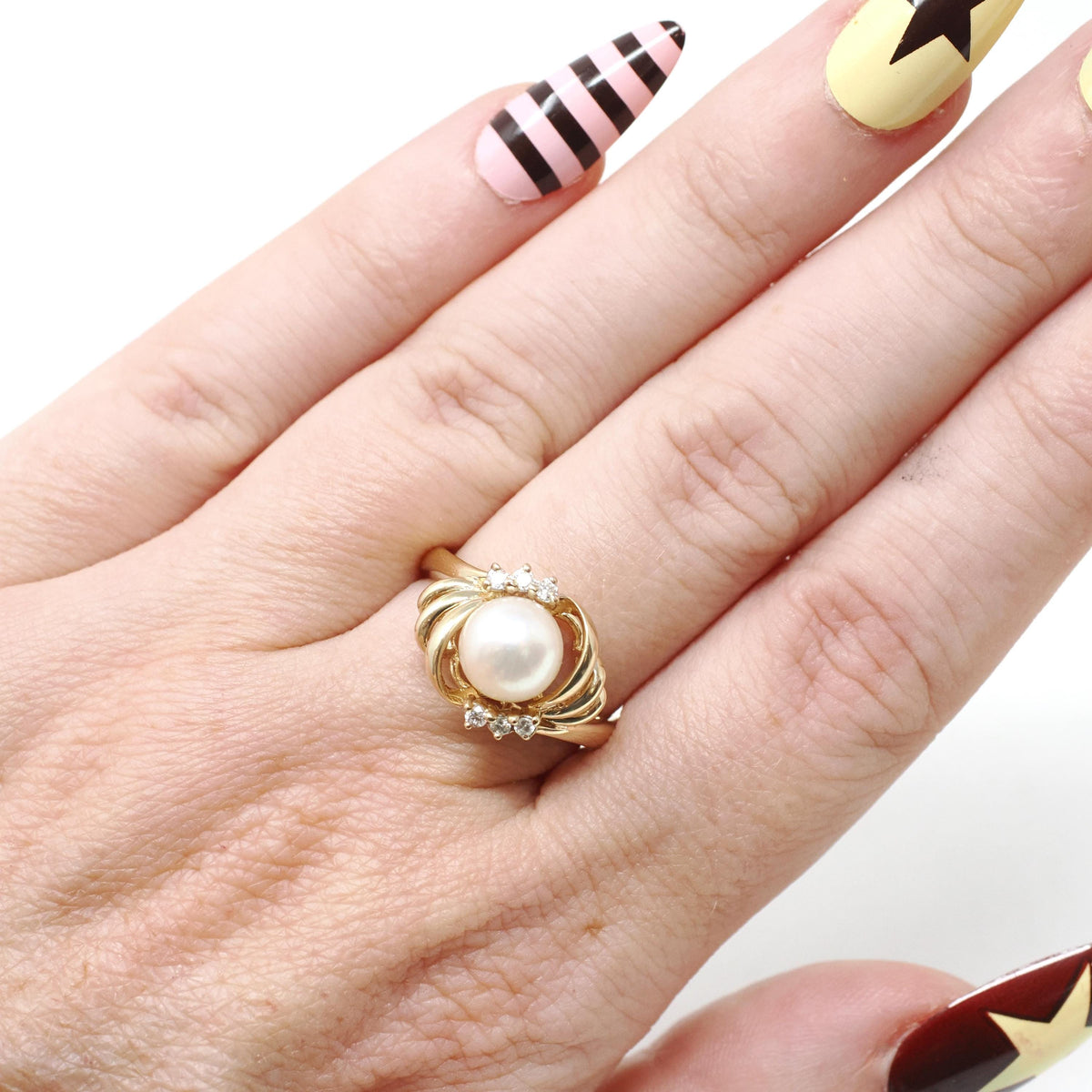 Cultured Pearl Ring - Contemporary 14k Yellow Gold White Organic Gem & Diamonds - Estate Circa 1990s Era Size 6 June Birthstone Fine Jewelry