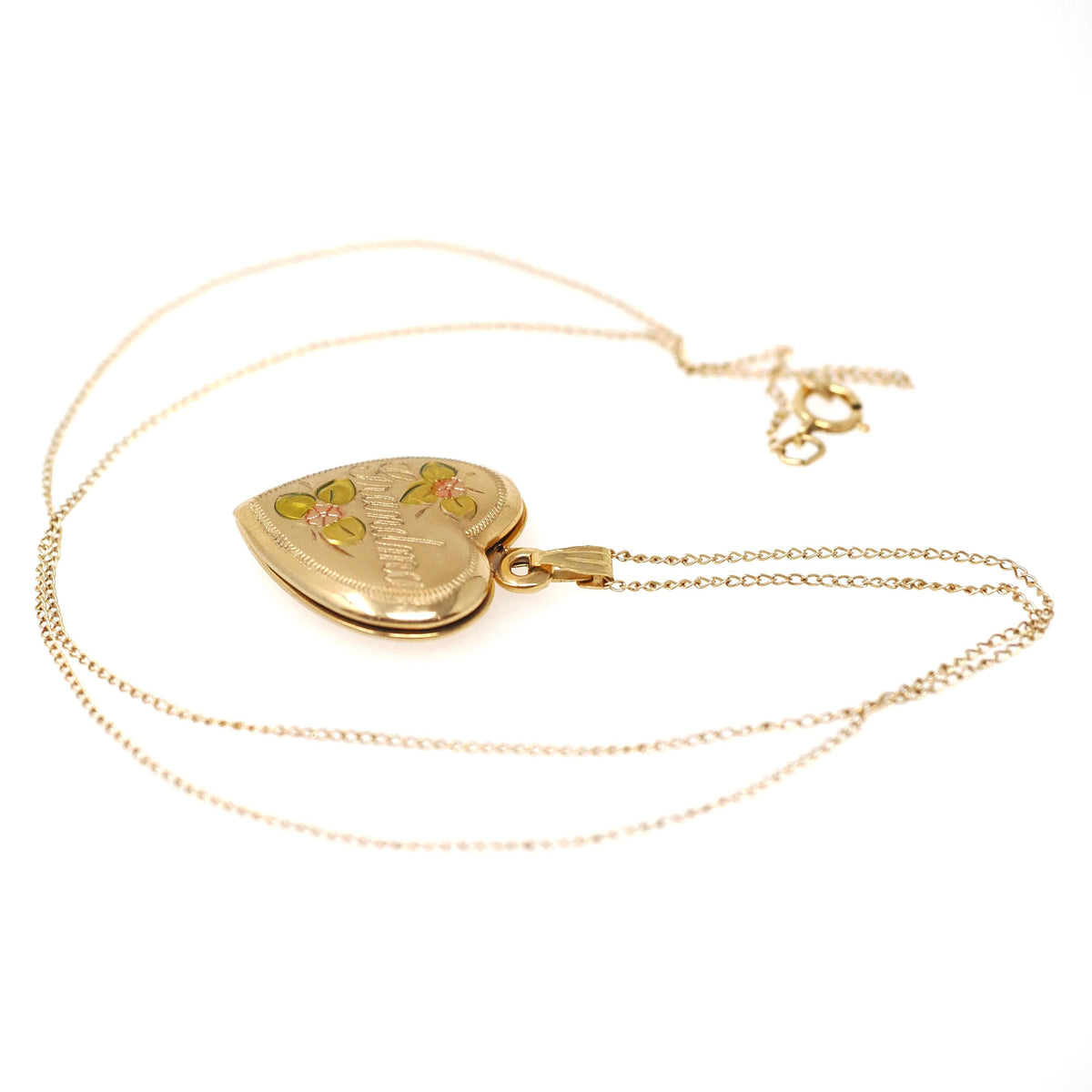 Floral Heart Locket - Contemporary 14k Gold Filled Engraved "Grandma" Pendant - Estate Circa 2000s Era Flower Photo Memory Keepsake Jewelry