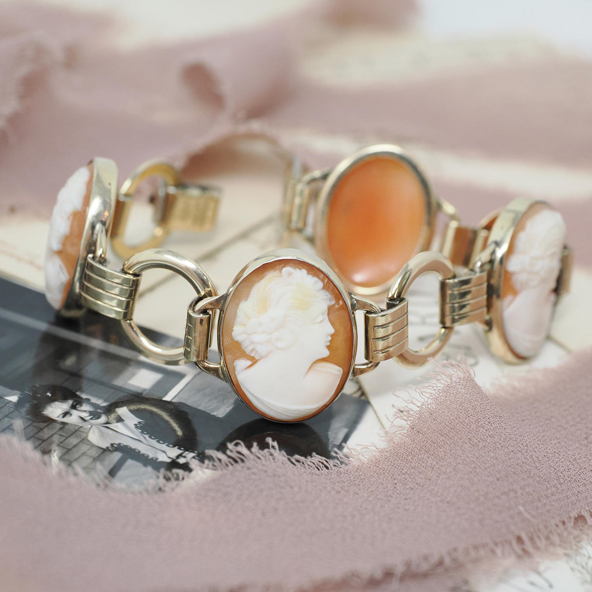 Vintage Cameo Bracelet - Mid Century 10k Gold Filled Oval Carved Shell Woman's Profile - Circa 1950s Latch Clasp Fashion Accessory Jewelry