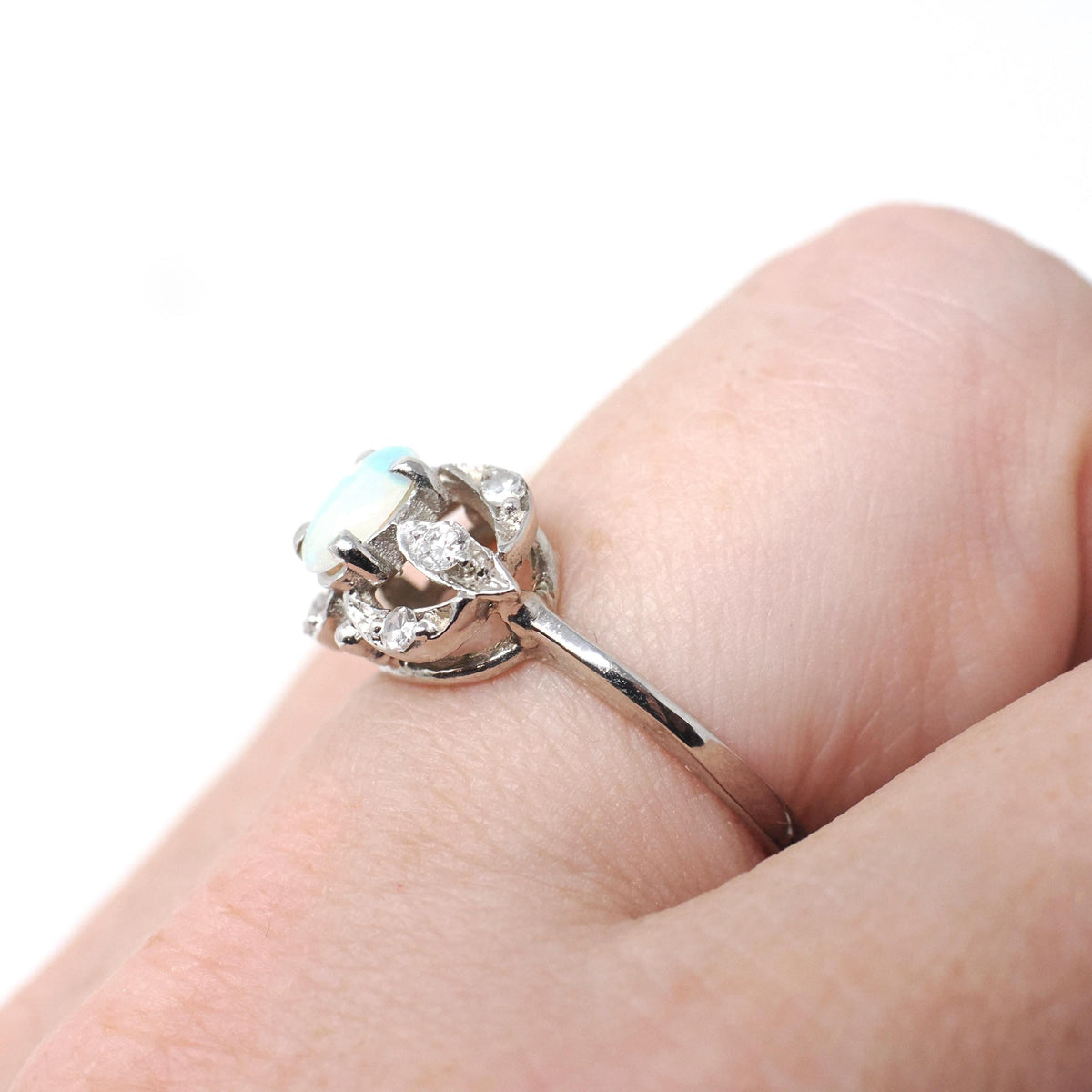Opal & Diamond Ring - Mid Century 14k White Gold Oval Cabochon Cut Gemstone Halo - Circa 1960s Era Size 5 1/2 October Birthstone Jewelry