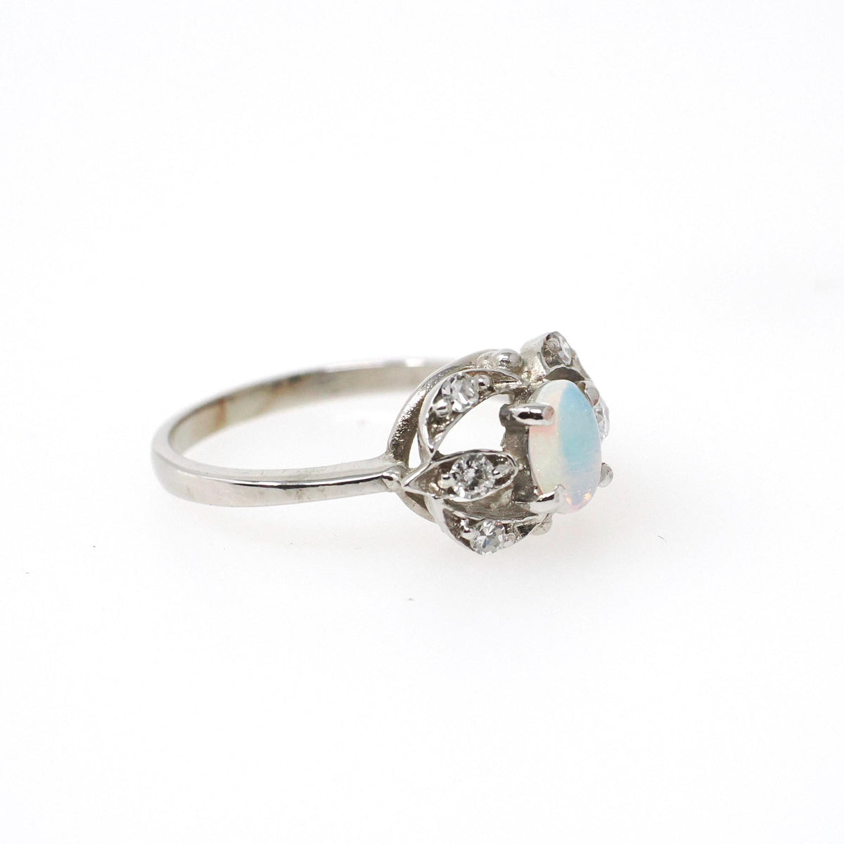 Opal & Diamond Ring - Mid Century 14k White Gold Oval Cabochon Cut Gemstone Halo - Circa 1960s Era Size 5 1/2 October Birthstone Jewelry