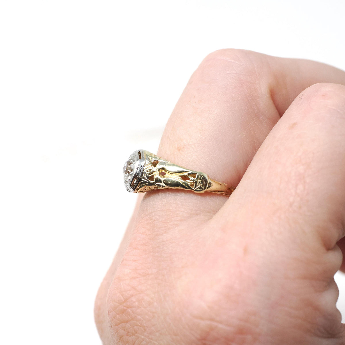 Art Deco Engagement Ring - Vintage 14k Yellow & White Gold 0.35 CT Diamond Solitaire - Circa 1930s Size 5 1/2 Lovebird Filigree Fine Jewelry