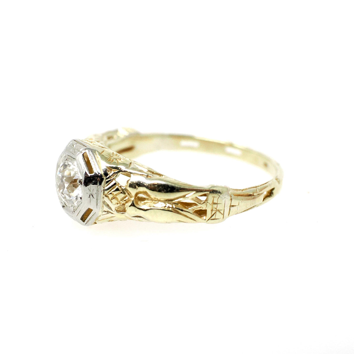 Art Deco Engagement Ring - Vintage 14k Yellow & White Gold 0.35 CT Diamond Solitaire - Circa 1930s Size 5 1/2 Lovebird Filigree Fine Jewelry