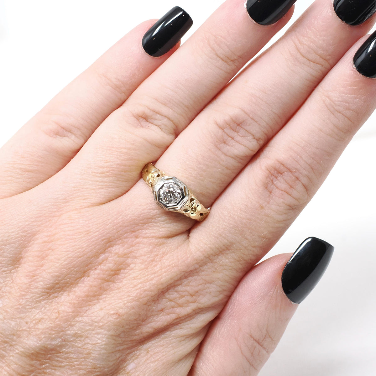 Art Deco Engagement Ring - Vintage 14k Yellow & White Gold 0.35 CT Diamond Solitaire - Circa 1930s Size 5 1/2 Lovebird Filigree Fine Jewelry