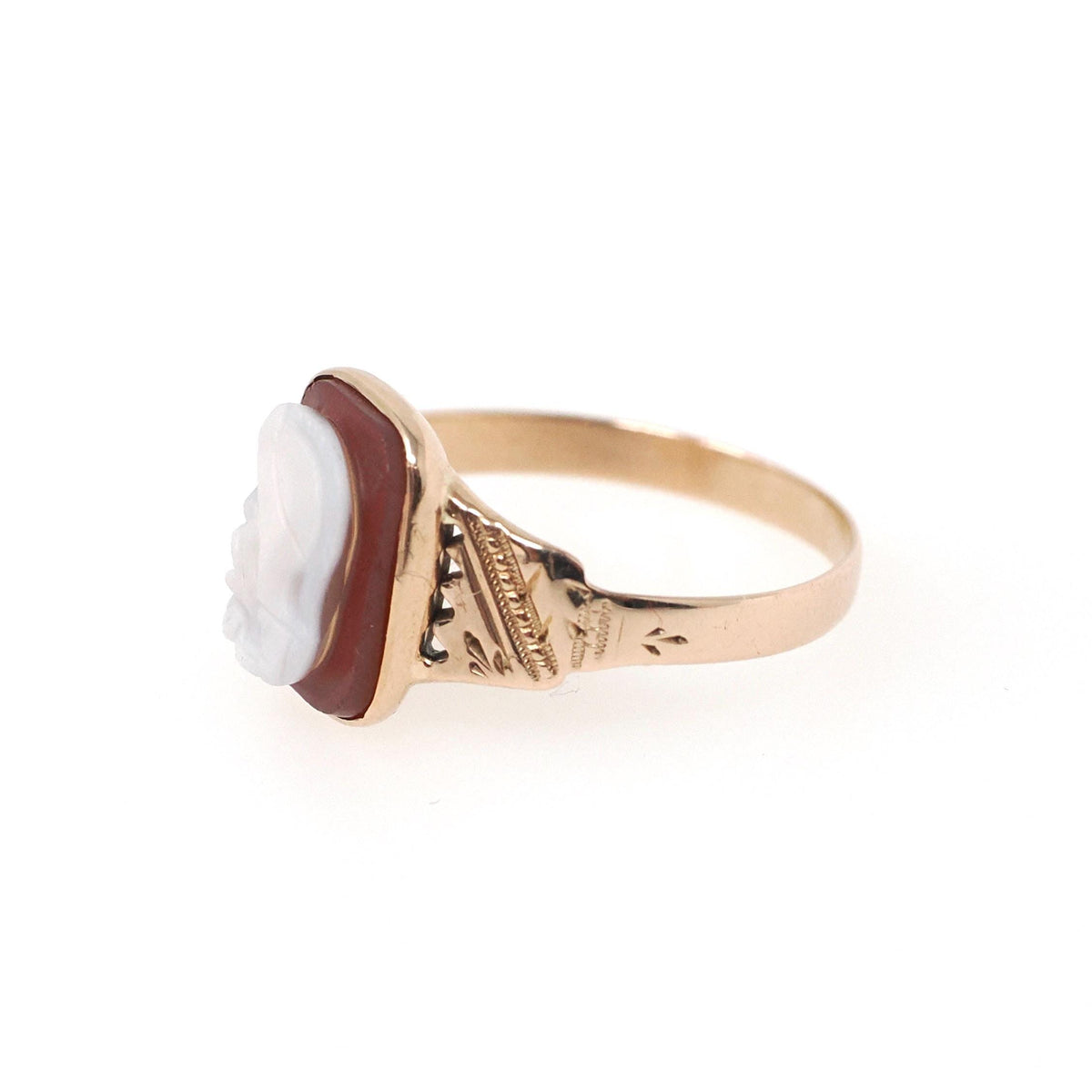 Antique Cameo Ring - Victorian 10k Rosy Yellow Gold Carved Soldier Red White Sardonyx Gemstone - Circa 1890 Size 5.25 Statement Fine Jewelry