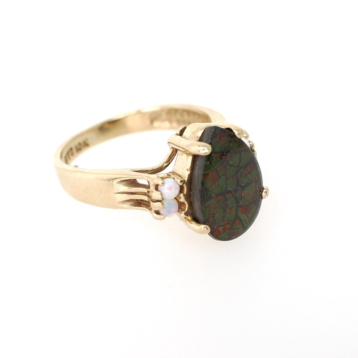 Triplet & Opal Ring - Contemporary 10k Yellow Gold Pear Ammonite Gemstone - Circa 1990s Size 5 Ancient Nautilus Fossil Specimen Fine Jewelry