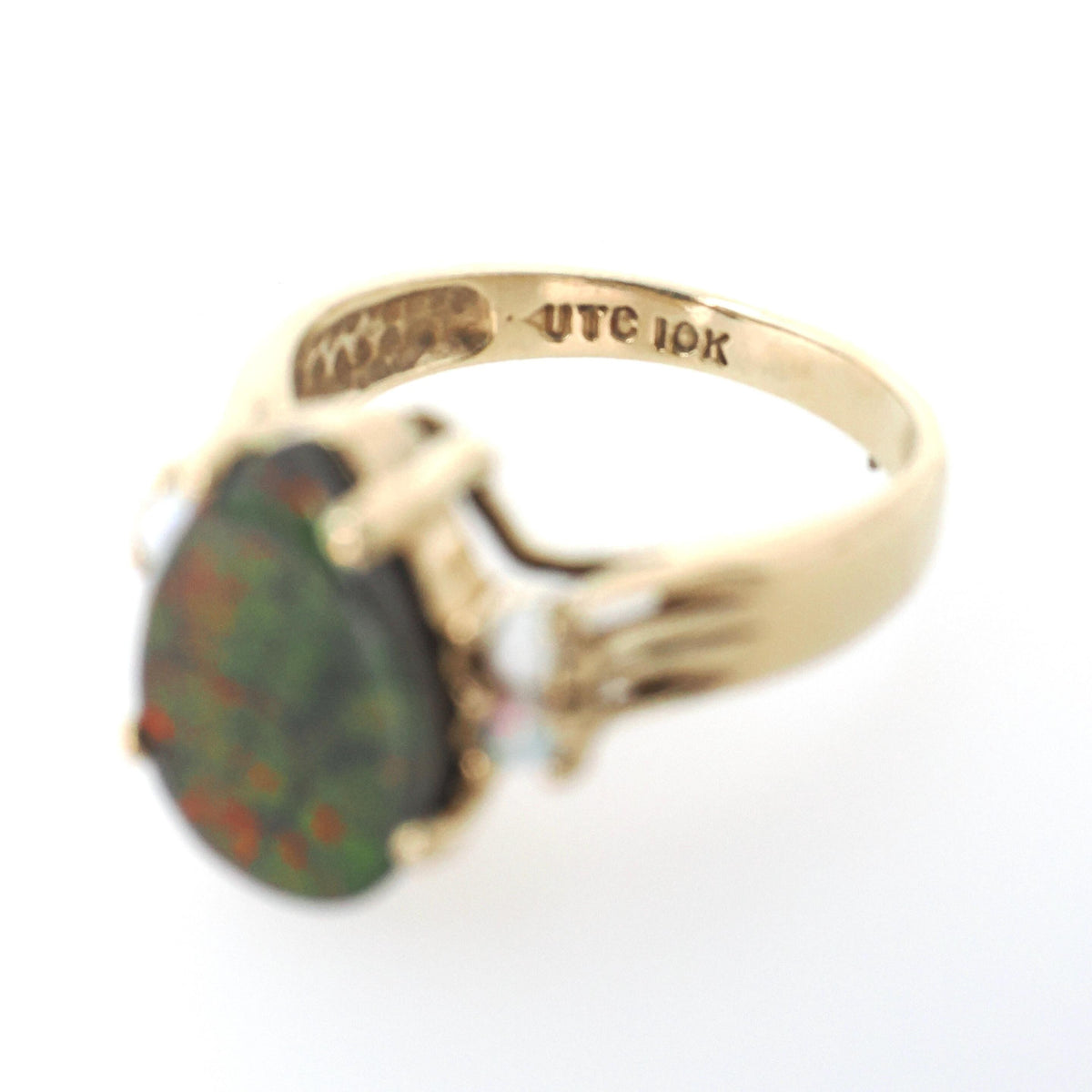 Triplet & Opal Ring - Contemporary 10k Yellow Gold Pear Ammonite Gemstone - Circa 1990s Size 5 Ancient Nautilus Fossil Specimen Fine Jewelry