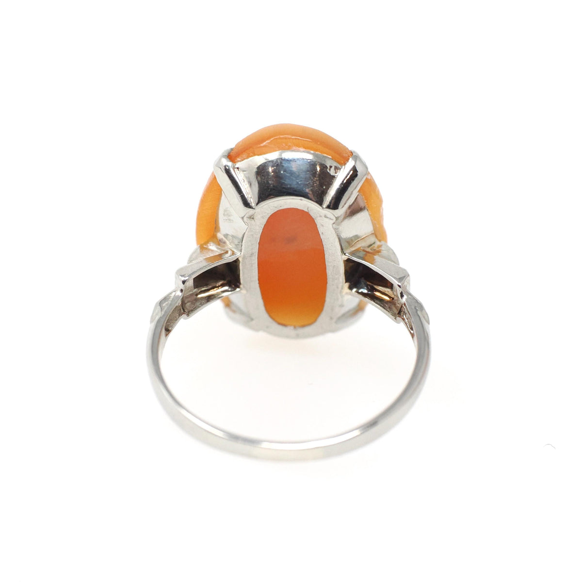 Vintage Cameo Ring - Art Deco Era 10k White Gold Oval Carved Orange Shell - Circa 1930s Era Size 6 Women's Profile Fine Statement Jewelry