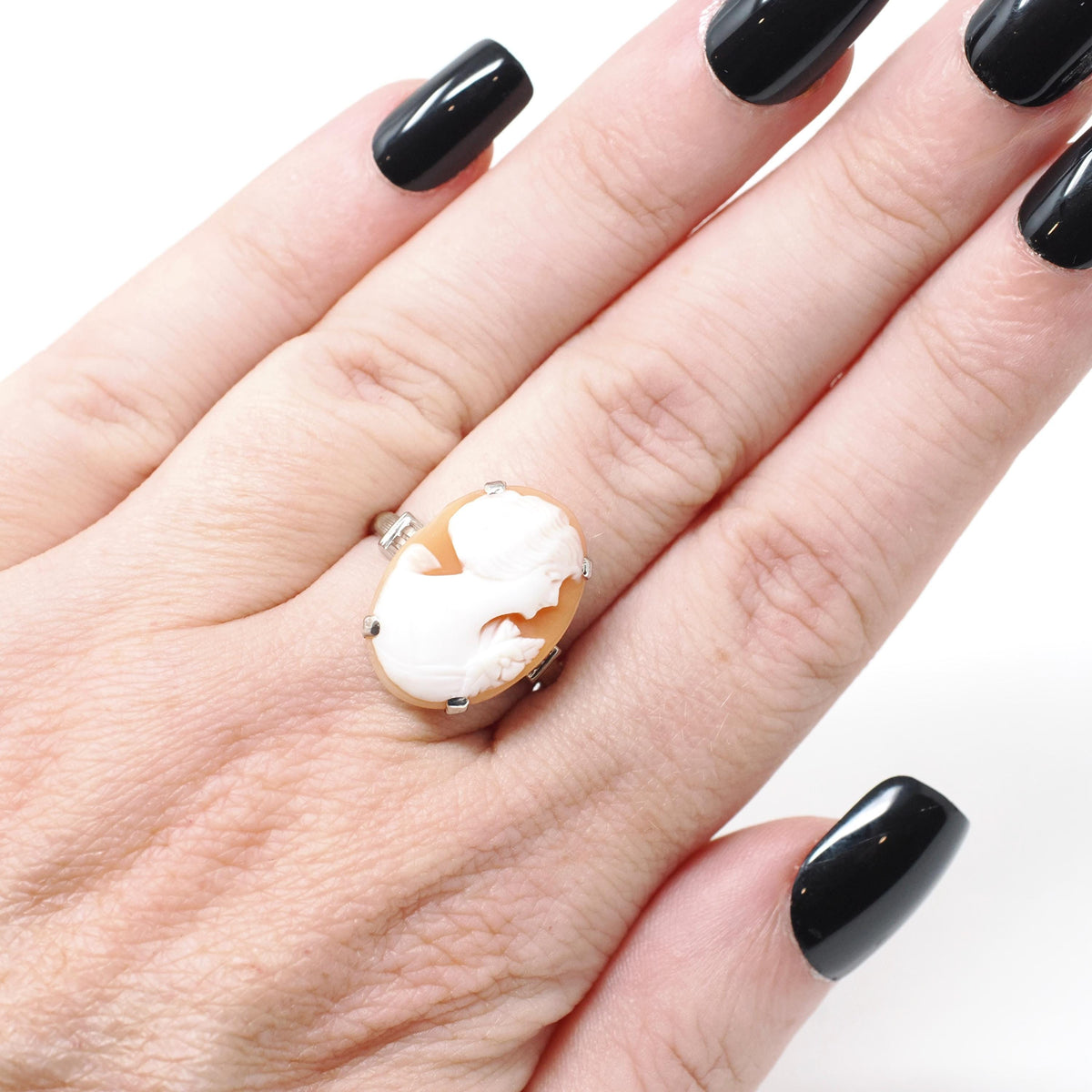 Vintage Cameo Ring - Art Deco Era 10k White Gold Oval Carved Orange Shell - Circa 1930s Era Size 6 Women's Profile Fine Statement Jewelry