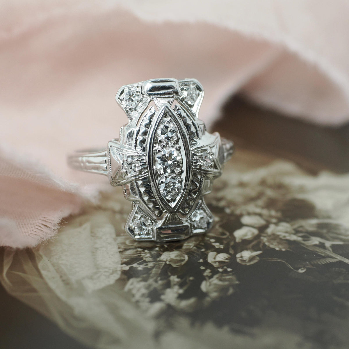 Vintage Diamond Ring - Art Deco 18k White Gold .33 CTW Natural Gemstone Shield - Circa 1930s Era Size 6 1/4 Statement Fine Bridal Jewelry
