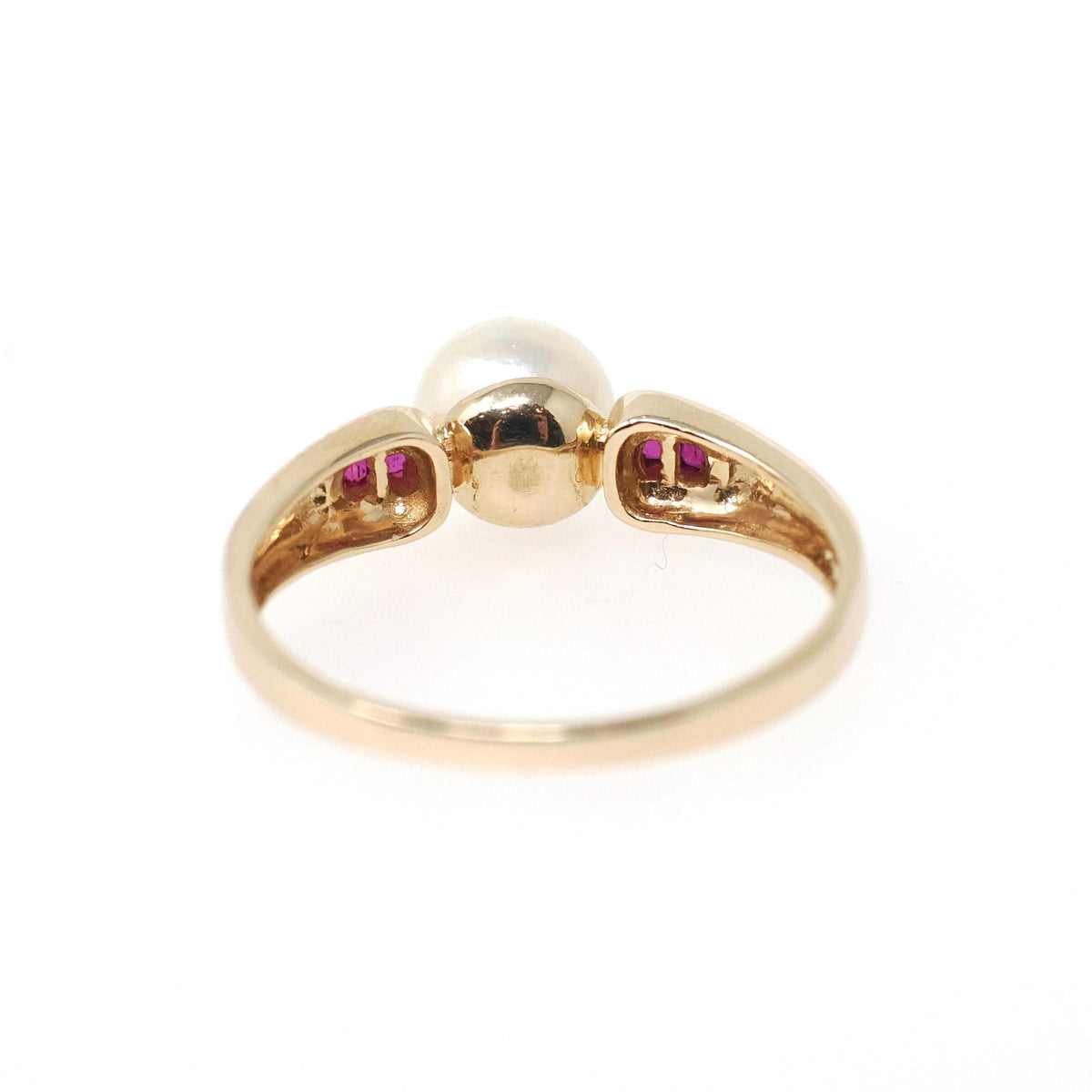 Cultured Pearl Ring - Contemporary 14k Yellow Gold Ruby Accent Gemstones - Vintage Circa 1990s Size 7 June and July Birthstones Fine Jewelry