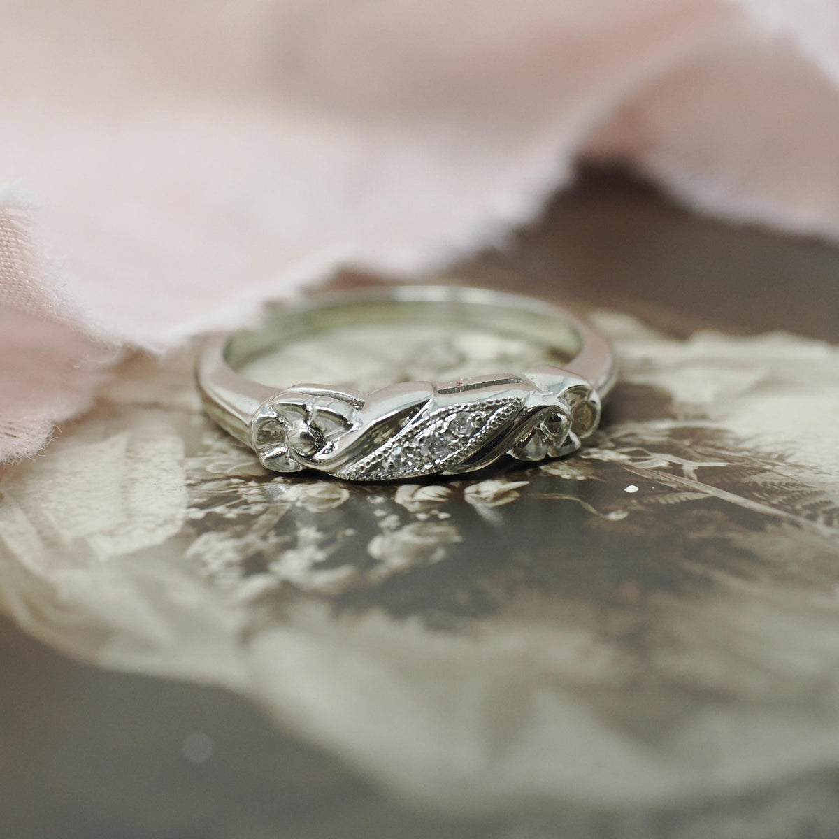 Mid Century Wedding Band - Vintage 14k White Gold Natural .02 CTW Diamond Floral Ring - Circa 1950s Size 6 1/4 Fine Bridal Stacking Jewelry