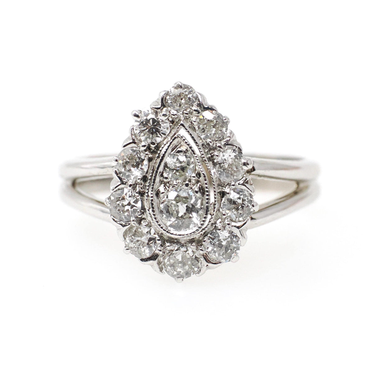 Diamond Halo Ring - Vintage Platinum & 14k White Gold .67 CTW Diamonds - Circa 1950s Era Size 7 1/4 Fine Pear Cluster Engagement Jewelry