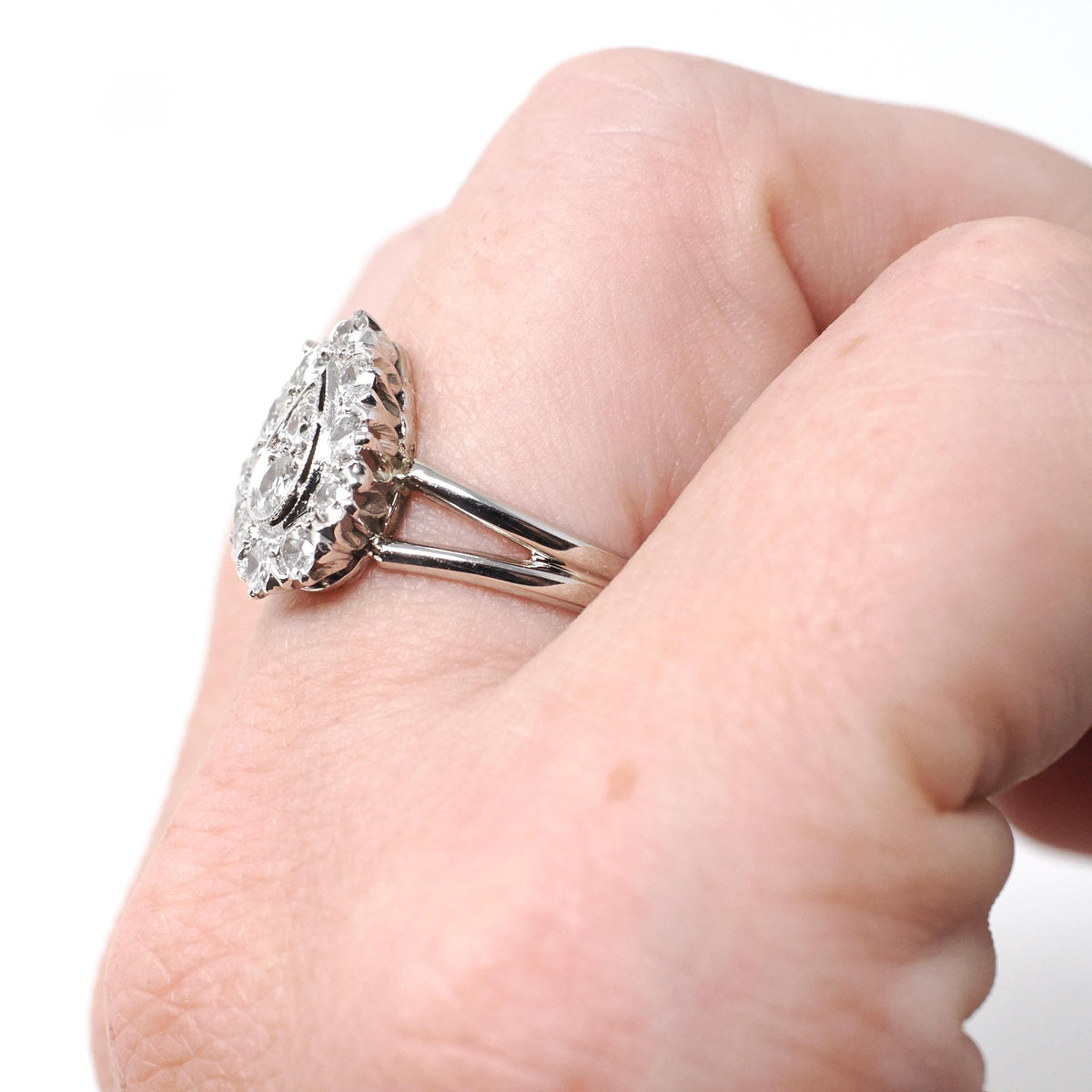 Diamond Halo Ring - Vintage Platinum & 14k White Gold .67 CTW Diamonds - Circa 1950s Era Size 7 1/4 Fine Pear Cluster Engagement Jewelry