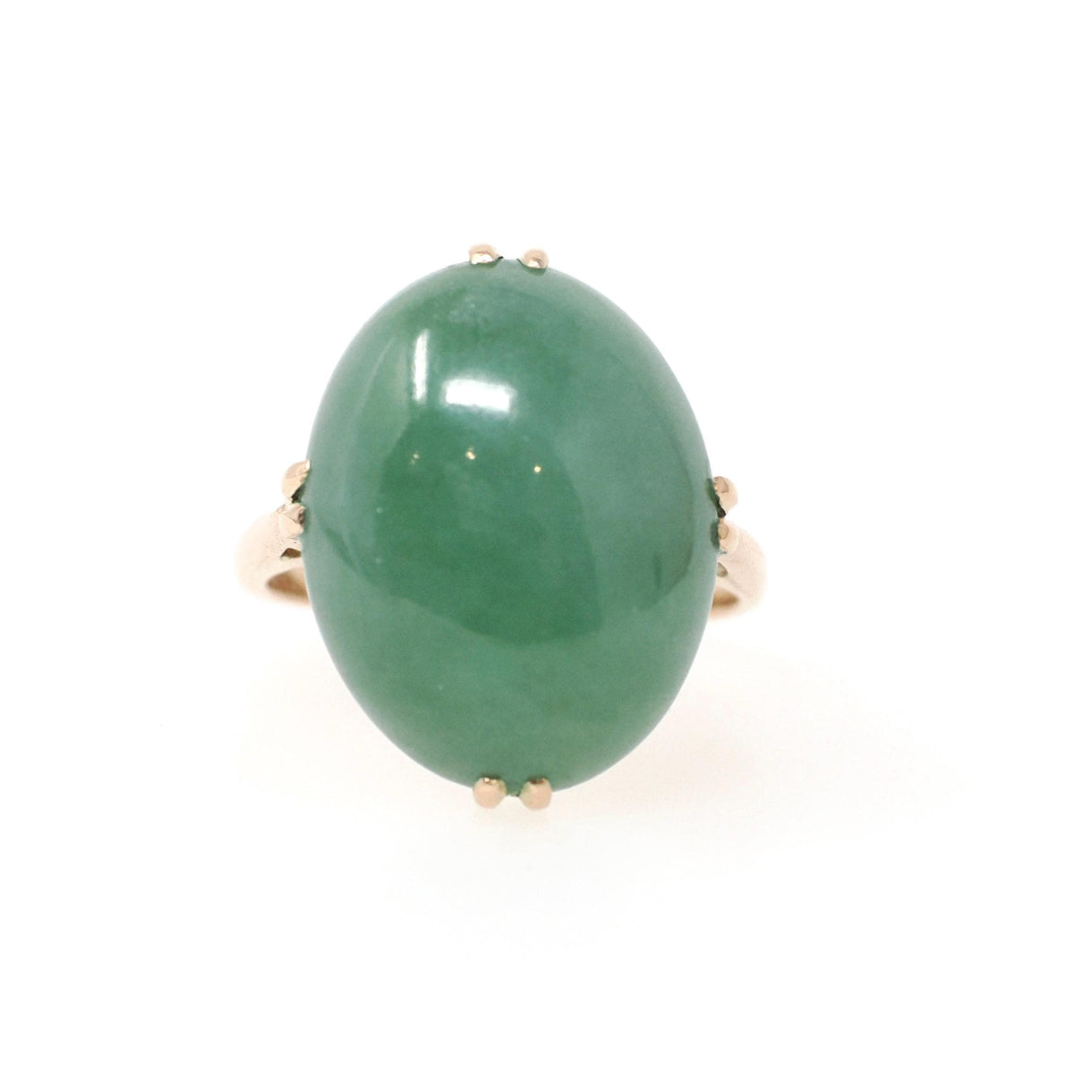Vintage Jadeite Ring - Mid Century 14k Yellow Gold Light Green Oval Cabochon Gemstone - Circa 1960s Era Size 5 1/2 Fine Solitaire Jewelry