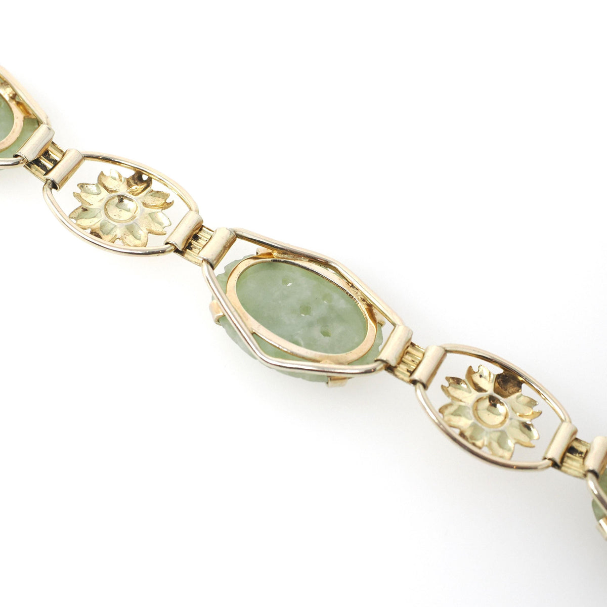Vintage Jade Bracelet - Mid Century Era Gold Filled Green Gemstone Floral Panels - Circa 1960s Fold Over Clasp Fashion Accessory Jewelry