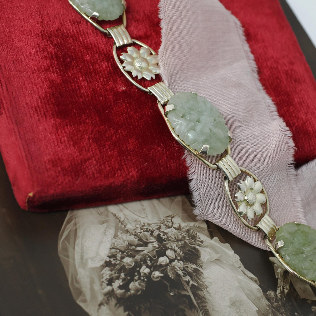 Vintage Jade Bracelet - Mid Century Era Gold Filled Green Gemstone Floral Panels - Circa 1960s Fold Over Clasp Fashion Accessory Jewelry