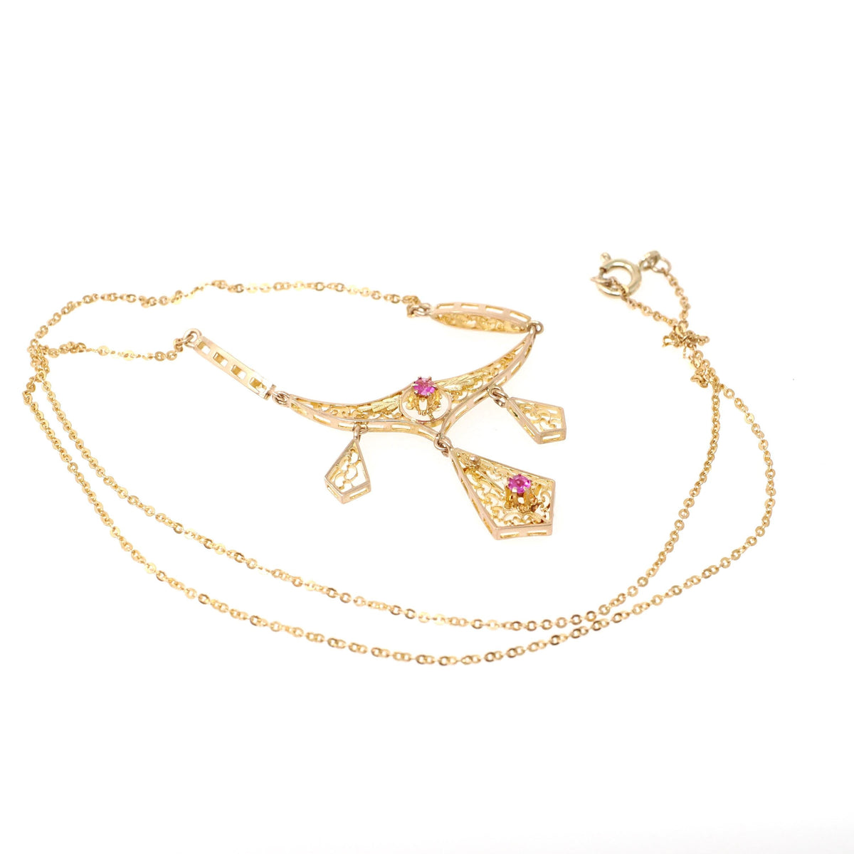 Antique Festoon Necklace - Edwardian 9k Yellow Gold Created Rubies Cannetille Filigree - Circa 1900s Era Leaf Buttercup Flower Fine Jewelry
