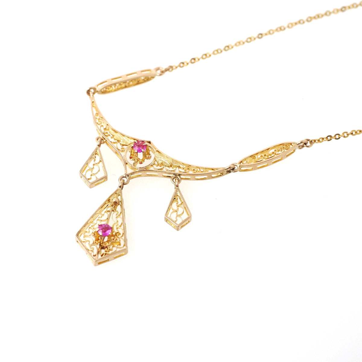 Antique Festoon Necklace - Edwardian 9k Yellow Gold Created Rubies Cannetille Filigree - Circa 1900s Era Leaf Buttercup Flower Fine Jewelry