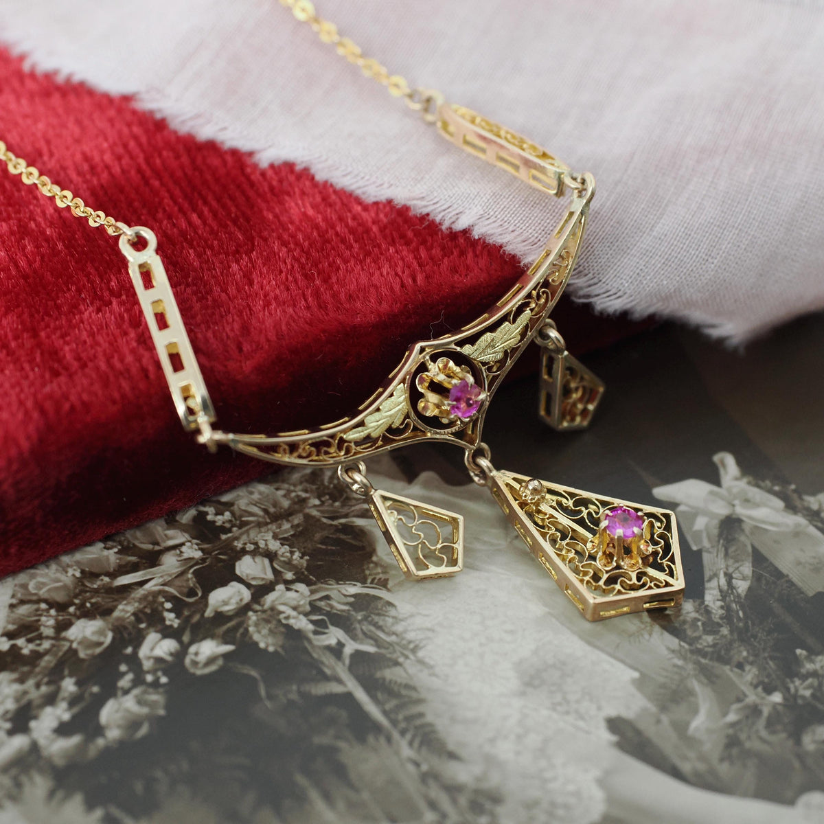 Antique Festoon Necklace - Edwardian 9k Yellow Gold Created Rubies Cannetille Filigree - Circa 1900s Era Leaf Buttercup Flower Fine Jewelry