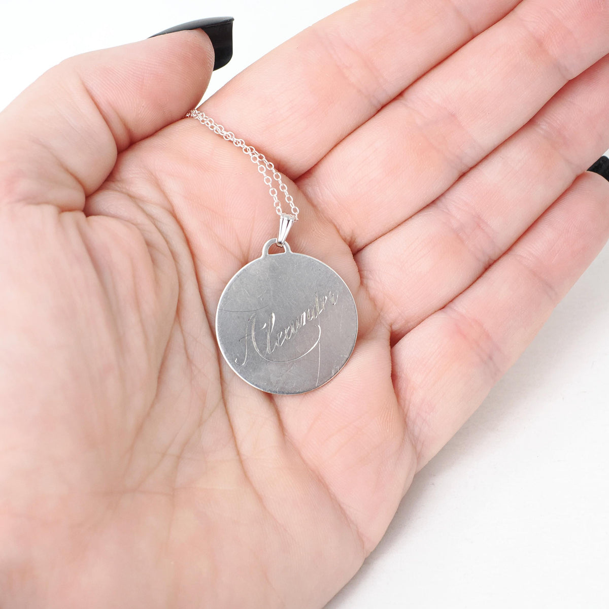 Vintage Love Token - Mid Century Sterling Silver Engraved Name Alexander Charm Necklace - Circa 1950s Era Engravable Disc Fashion Jewelry
