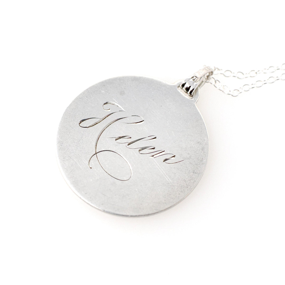 Vintage Love Token - Mid Century Sterling Silver Engraved Name Helen Charm Necklace - Circa 1950s Era Engravable Disc Fashion Jewelry