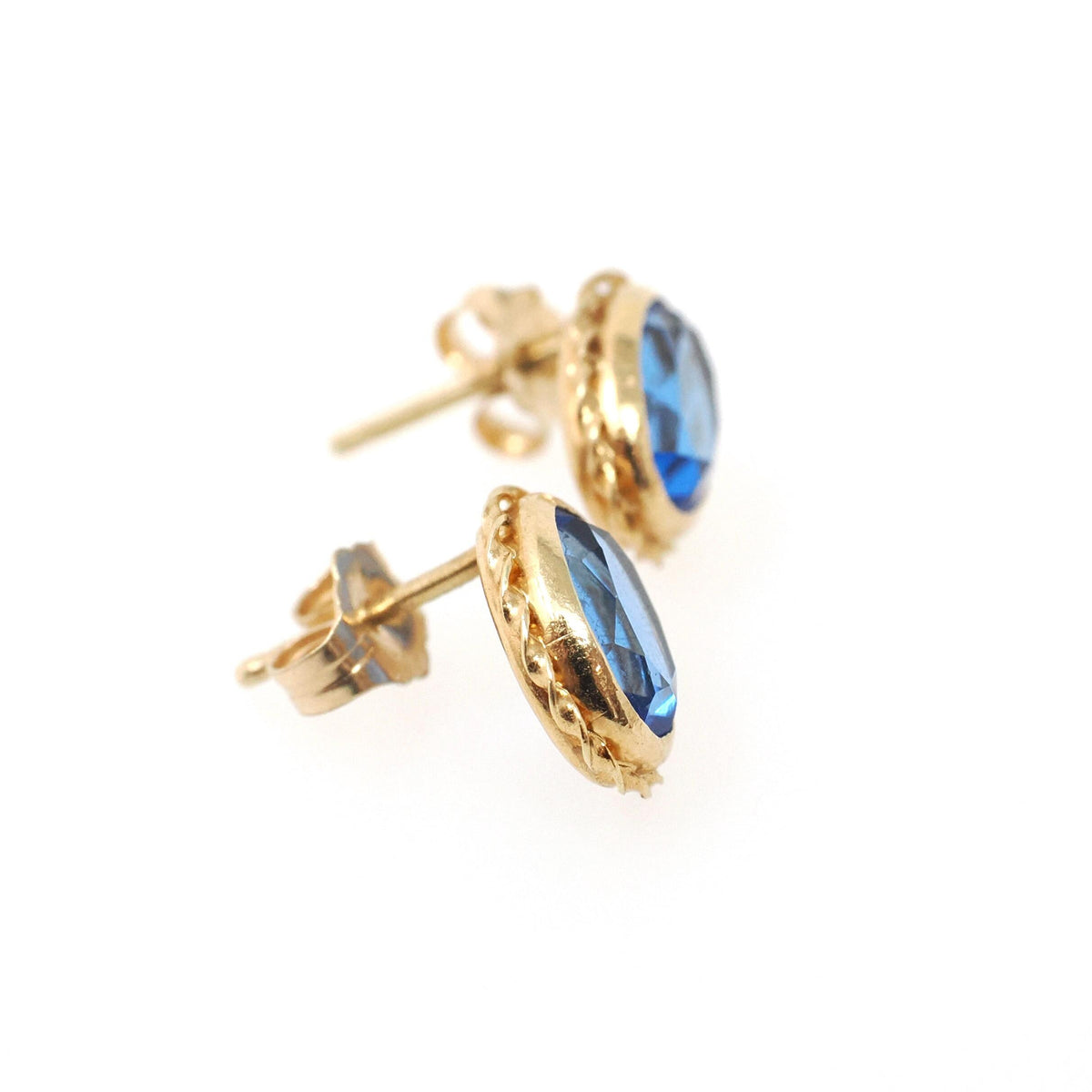 Simulated Sapphire Earrings - Retro 14k Yellow Gold Oval Faceted Blue Glass Pierced Post Studs - Vintage 1960s Era Push Back Fine Jewelry