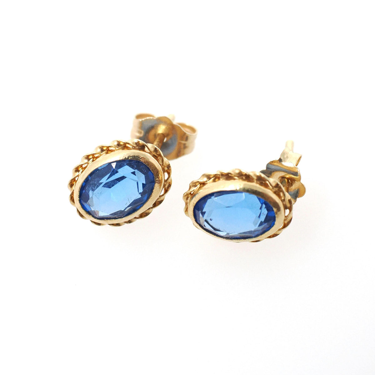 Simulated Sapphire Earrings - Retro 14k Yellow Gold Oval Faceted Blue Glass Pierced Post Studs - Vintage 1960s Era Push Back Fine Jewelry