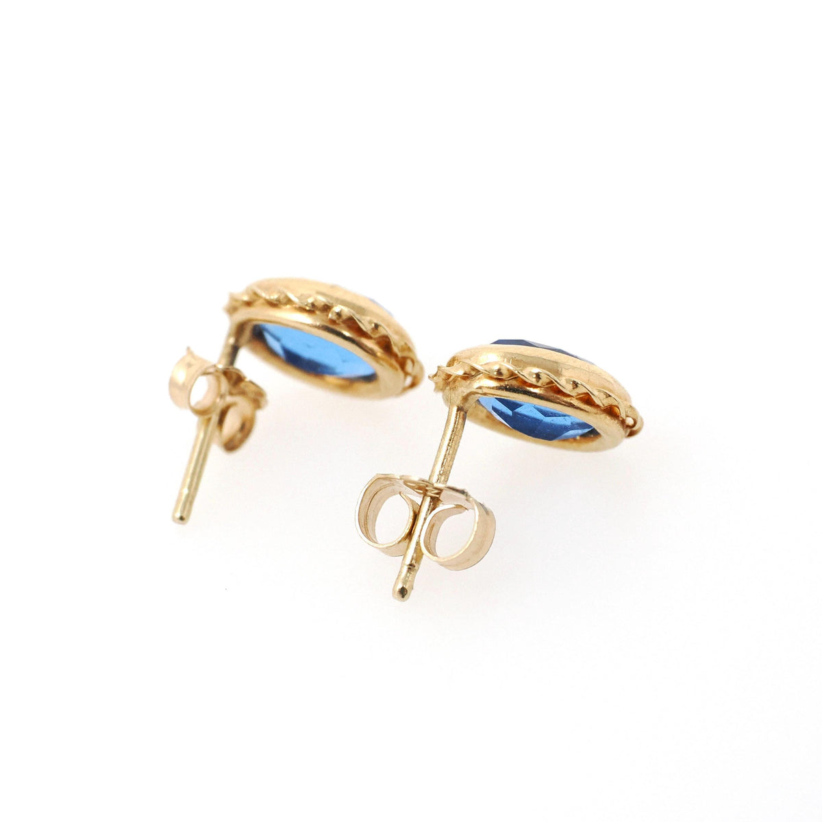 Simulated Sapphire Earrings - Retro 14k Yellow Gold Oval Faceted Blue Glass Pierced Post Studs - Vintage 1960s Era Push Back Fine Jewelry