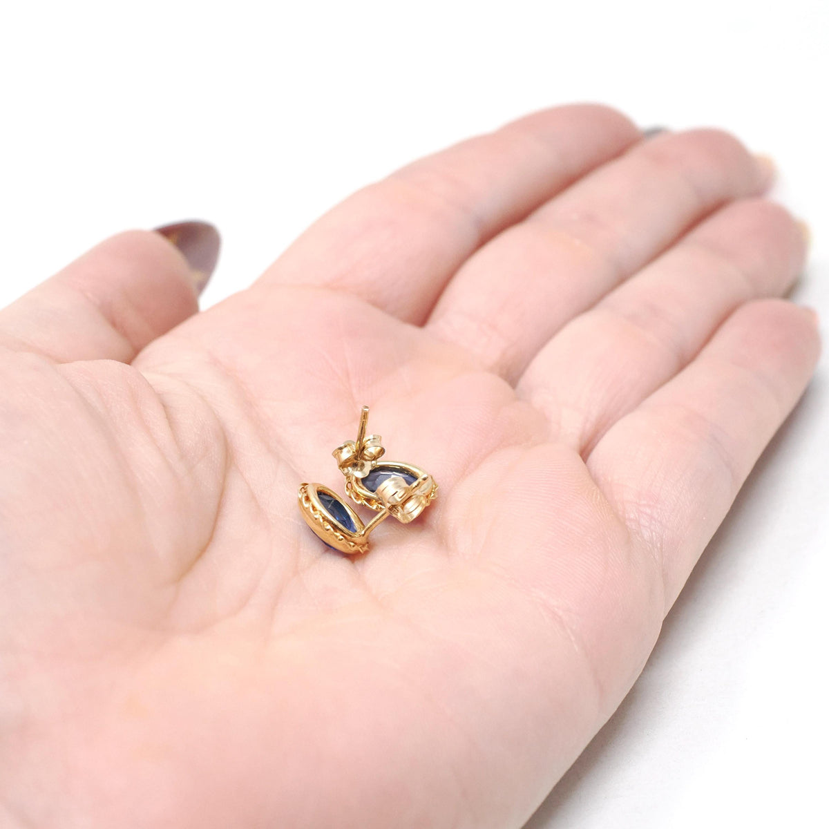 Simulated Sapphire Earrings - Retro 14k Yellow Gold Oval Faceted Blue Glass Pierced Post Studs - Vintage 1960s Era Push Back Fine Jewelry