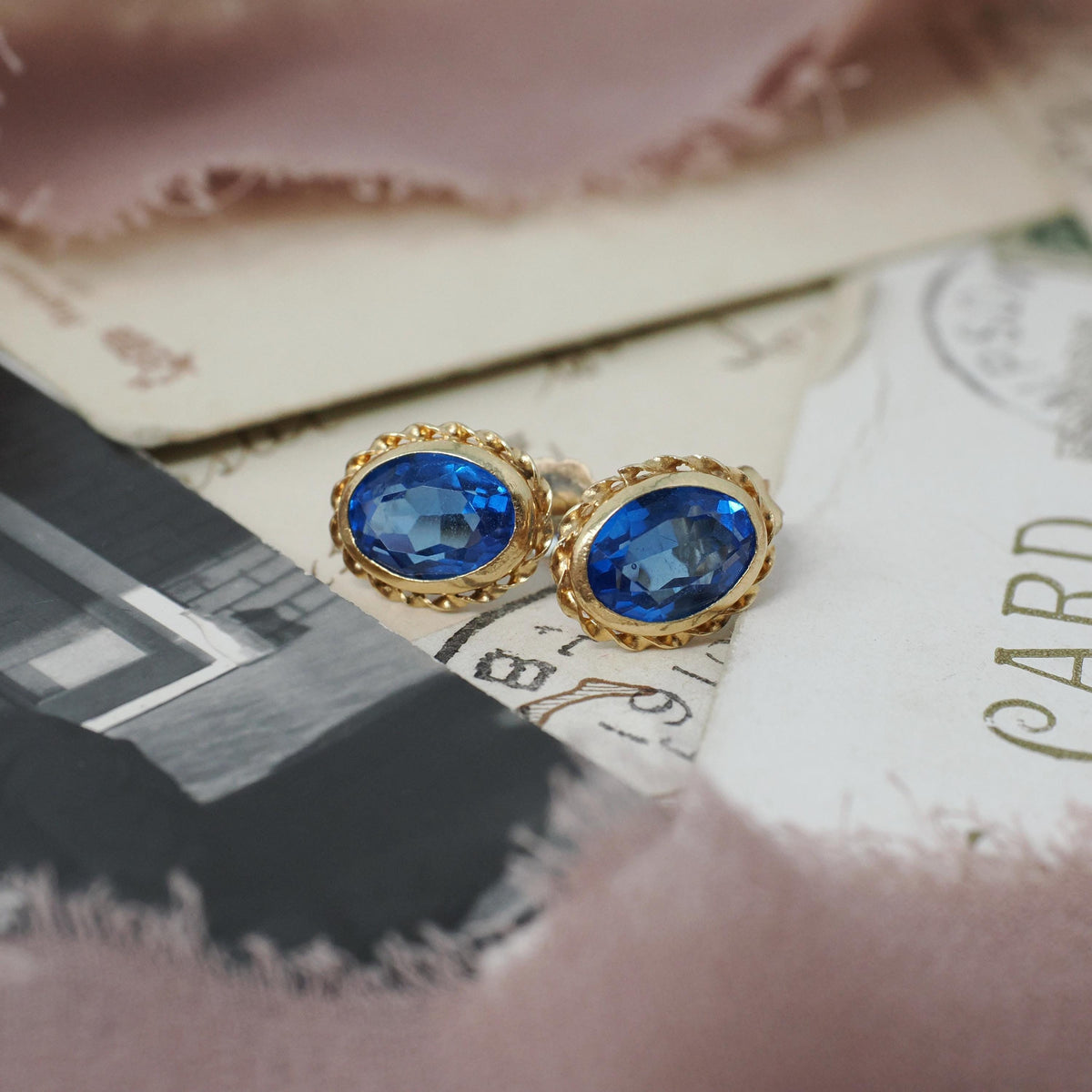 Simulated Sapphire Earrings - Retro 14k Yellow Gold Oval Faceted Blue Glass Pierced Post Studs - Vintage 1960s Era Push Back Fine Jewelry