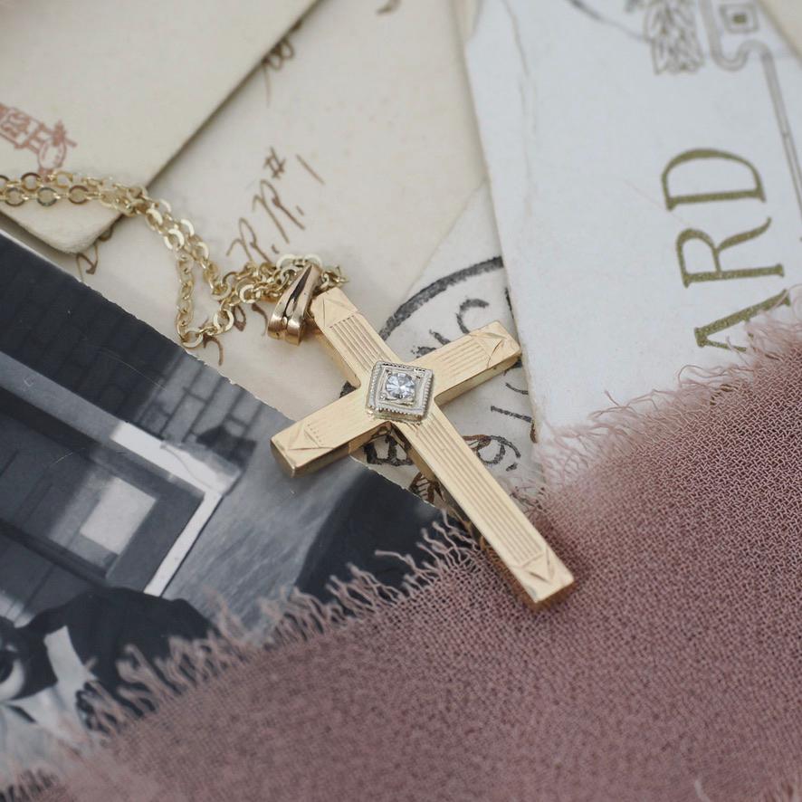 Vintage Cross Necklace - Retro 14k Yellow & White Gold Natural .02 CT Diamond Pendant - Circa 1940s Era Religious Faith Fine 40s Jewelry