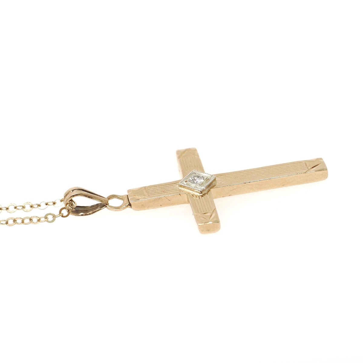 Vintage Cross Necklace - Retro 14k Yellow & White Gold Natural .02 CT Diamond Pendant - Circa 1940s Era Religious Faith Fine 40s Jewelry