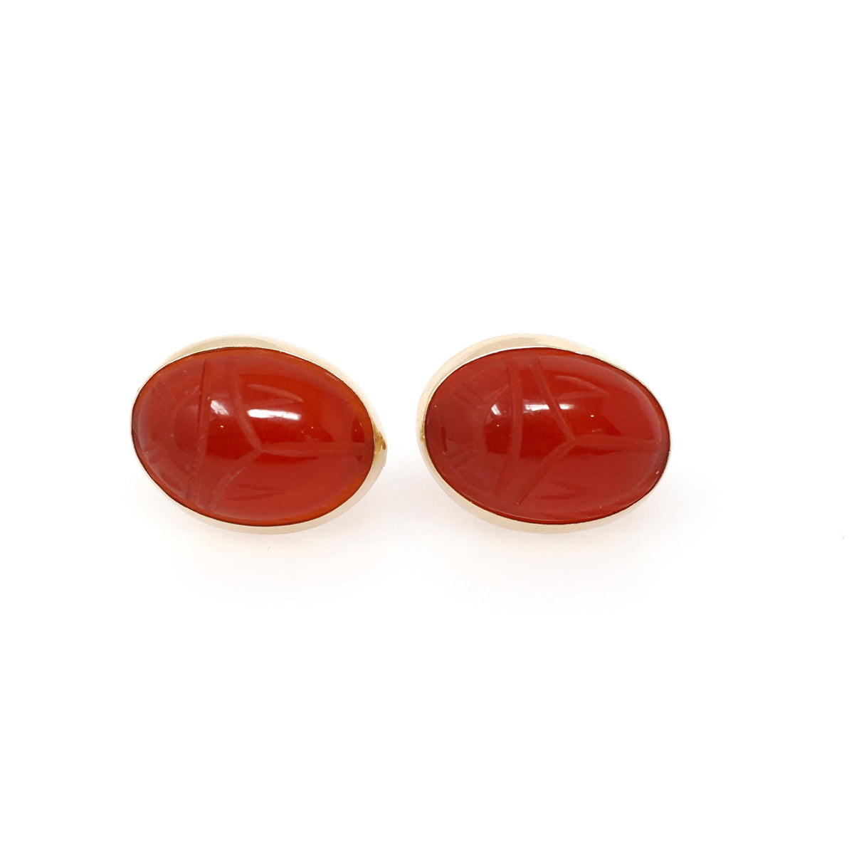 Vintage Scarab Earrings - Mid Century 14k Yellow Gold Carved Natural Carnelian Gems - Circa 1960s Era Egyptian Revival Style Beetle Jewelry
