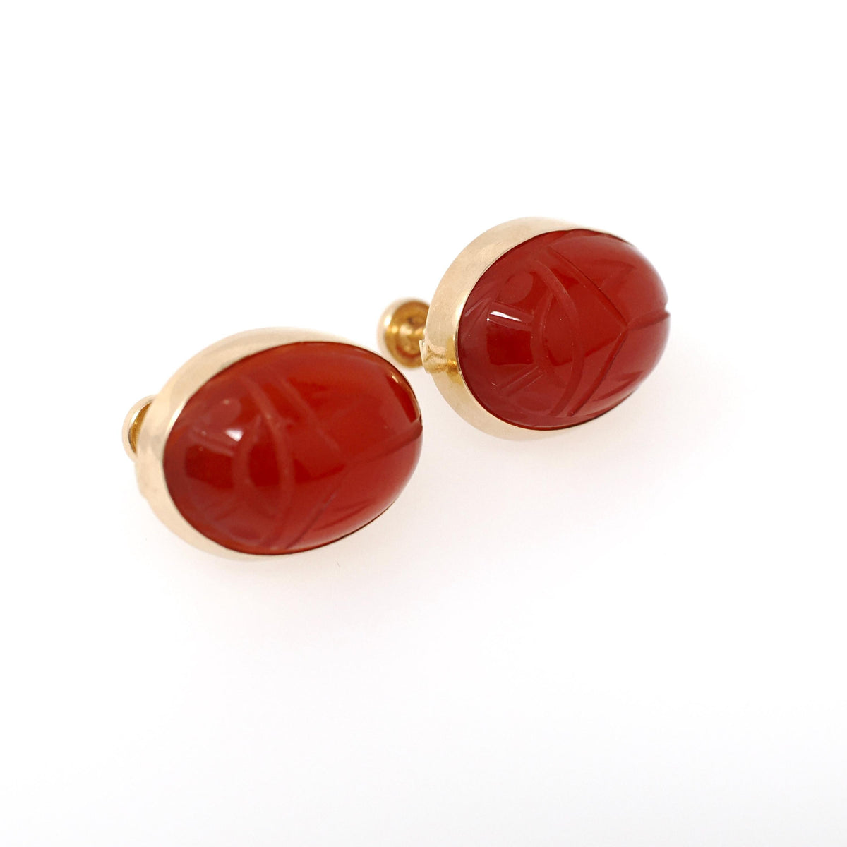 Vintage Scarab Earrings - Mid Century 14k Yellow Gold Carved Natural Carnelian Gems - Circa 1960s Era Egyptian Revival Style Beetle Jewelry