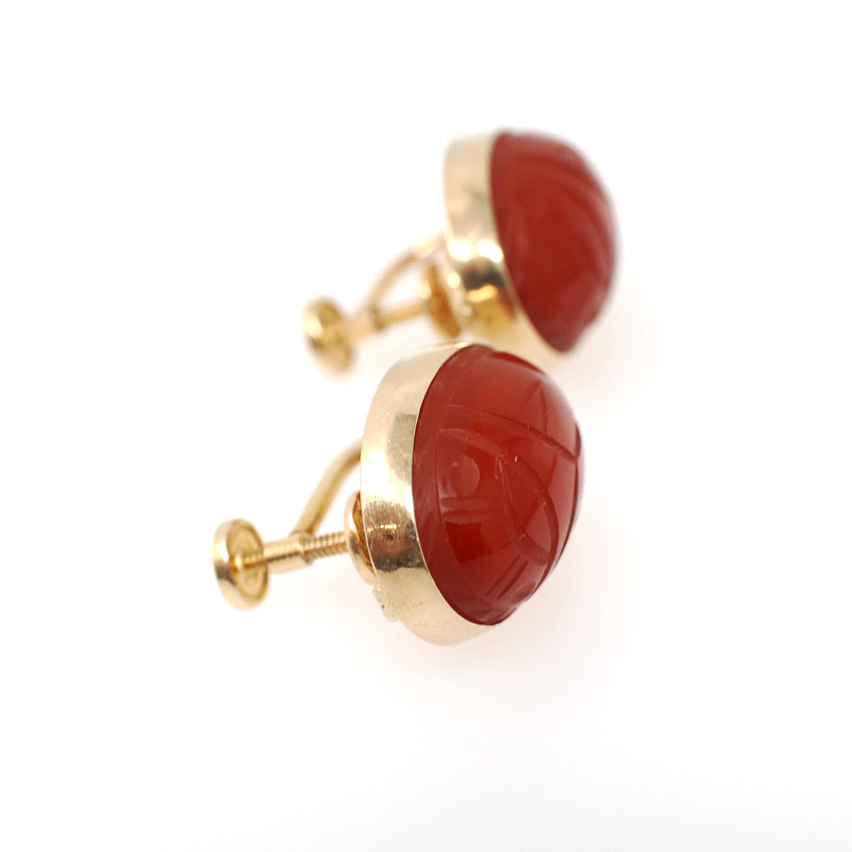 Vintage Scarab Earrings - Mid Century 14k Yellow Gold Carved Natural Carnelian Gems - Circa 1960s Era Egyptian Revival Style Beetle Jewelry