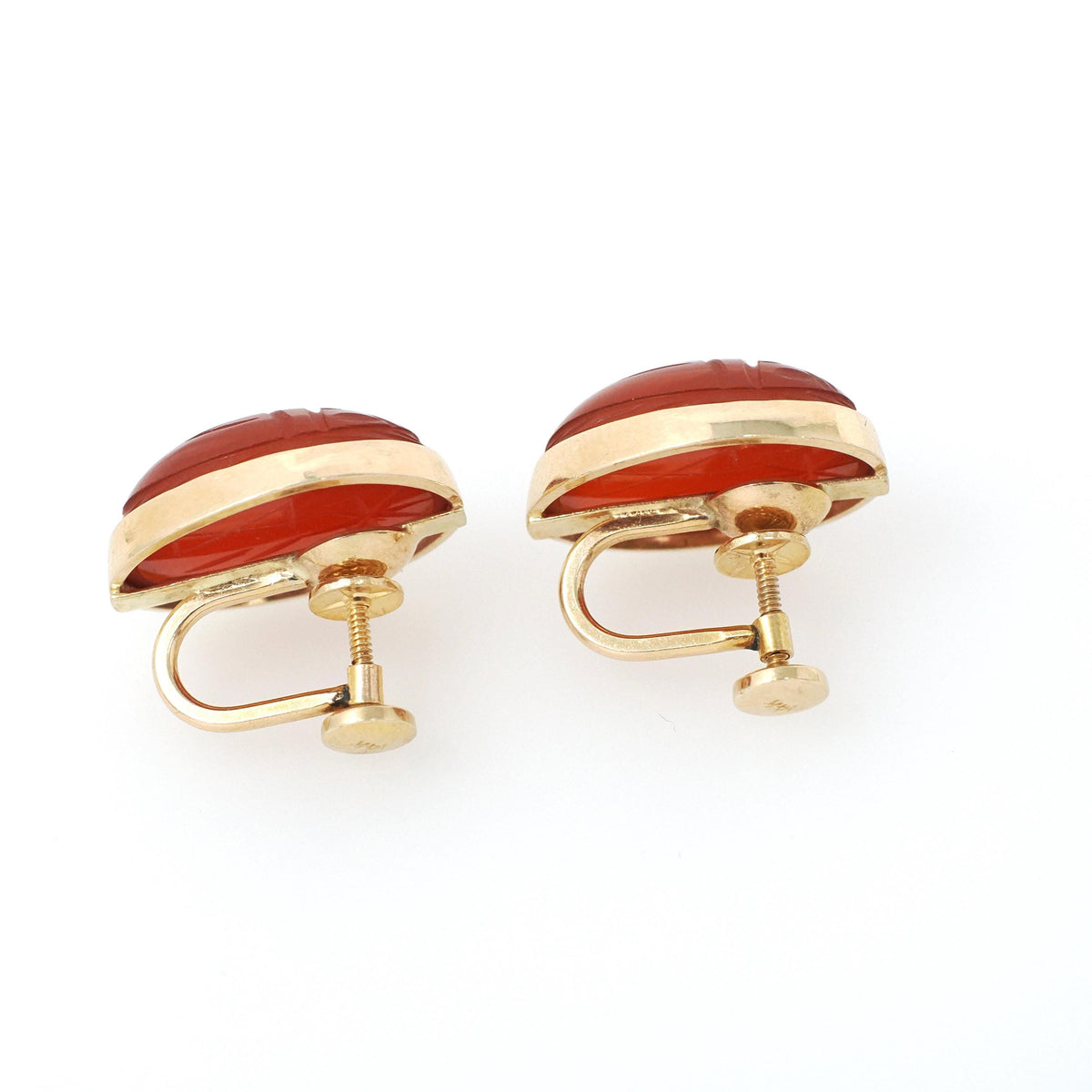 Vintage Scarab Earrings - Mid Century 14k Yellow Gold Carved Natural Carnelian Gems - Circa 1960s Era Egyptian Revival Style Beetle Jewelry