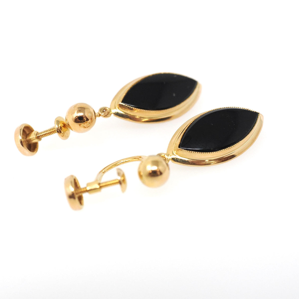 Vintage Onyx Earrings - Mid Century 10k Yellow Gold Black Chalcedony Gems Screw Backs - Circa 1960s Era Fashion Accessory BDA Fine Jewelry