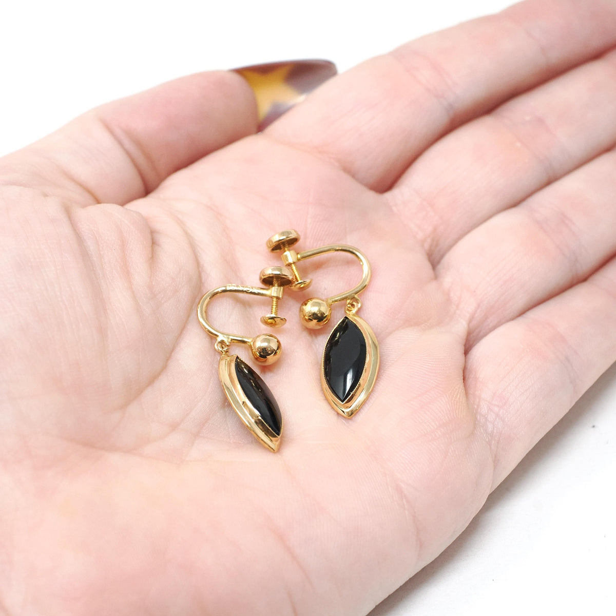 Vintage Onyx Earrings - Mid Century 10k Yellow Gold Black Chalcedony Gems Screw Backs - Circa 1960s Era Fashion Accessory BDA Fine Jewelry