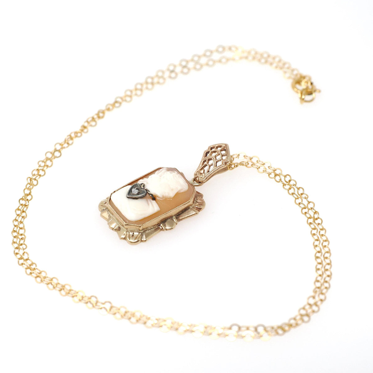 Vintage Cameo Necklace - Retro 10k Yellow Gold Oval Carved Shell Heart Diamond Pendant Charm - Circa 1940s Era Filigree Fine 40s Jewelry