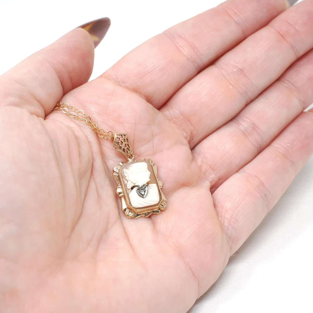 Vintage Cameo Necklace - Retro 10k Yellow Gold Oval Carved Shell Heart Diamond Pendant Charm - Circa 1940s Era Filigree Fine 40s Jewelry