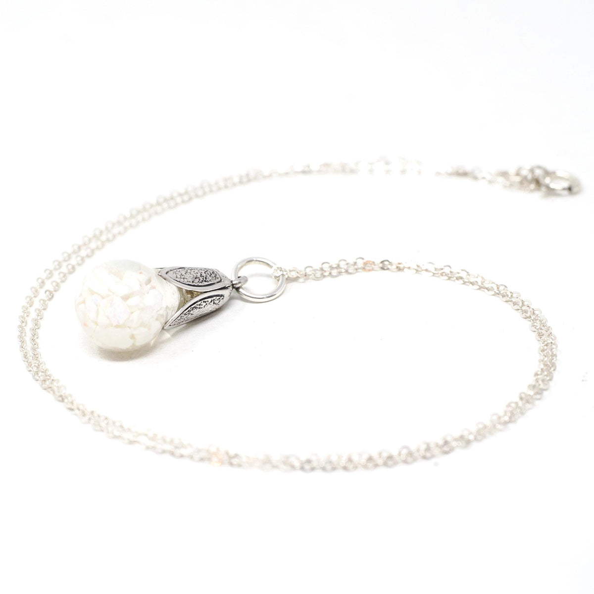 Floating Opal Necklace - Mid Century Sterling Silver Tulip Cap Gemstones Chips Charm - Vintage 1950s Era Liquid Teardrop Pendant Jewelry