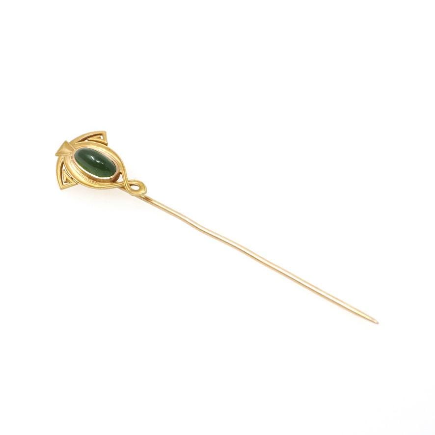Antique Stick Pin - Art Nouveau 14k Yellow Gold Natural Green Nephrite Jade - Edwardian Circa 1910s Fashion Accessory Alling & Co Jewelry