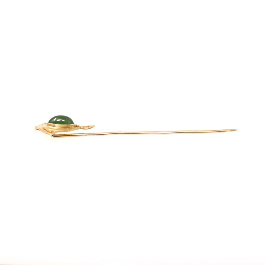 Antique Stick Pin - Art Nouveau 14k Yellow Gold Natural Green Nephrite Jade - Edwardian Circa 1910s Fashion Accessory Alling & Co Jewelry