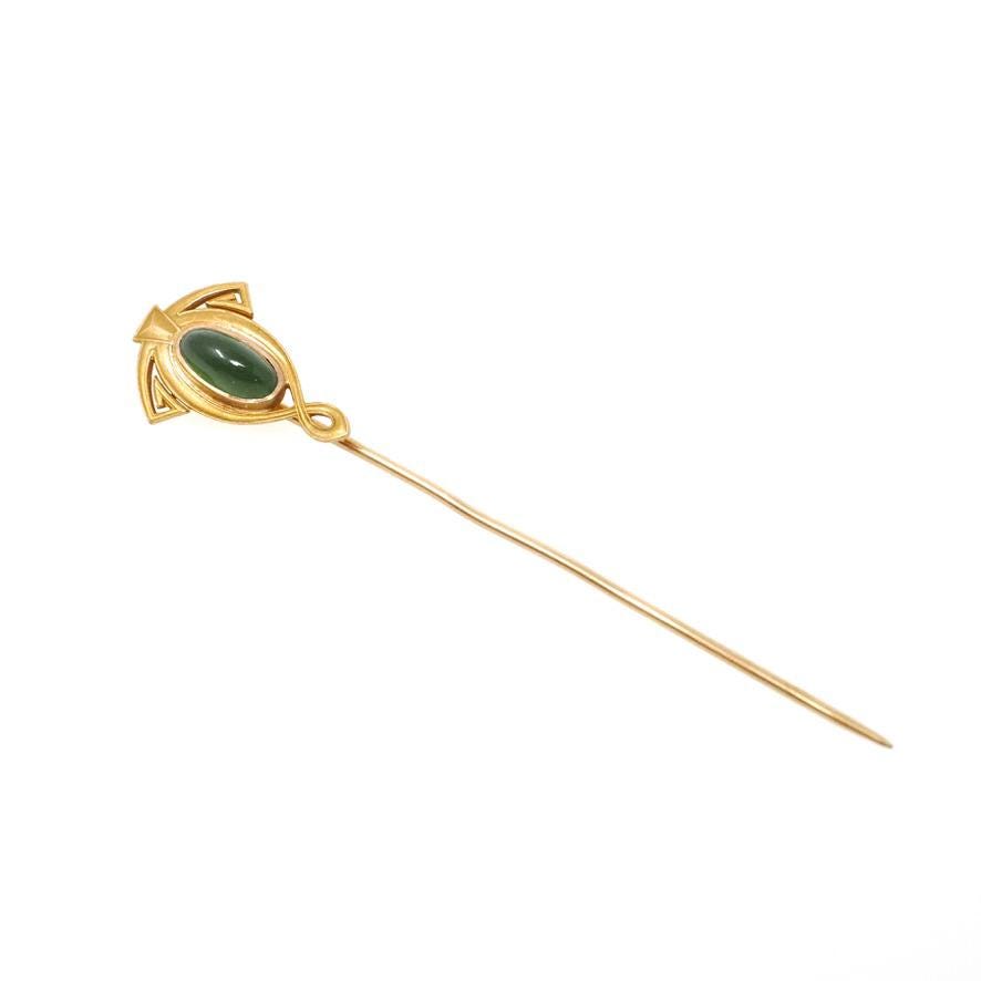 Antique Stick Pin - Art Nouveau 14k Yellow Gold Natural Green Nephrite Jade - Edwardian Circa 1910s Fashion Accessory Alling & Co Jewelry