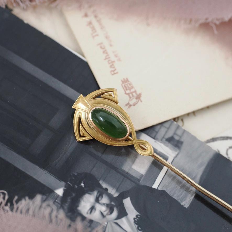 Antique Stick Pin - Art Nouveau 14k Yellow Gold Natural Green Nephrite Jade - Edwardian Circa 1910s Fashion Accessory Alling & Co Jewelry