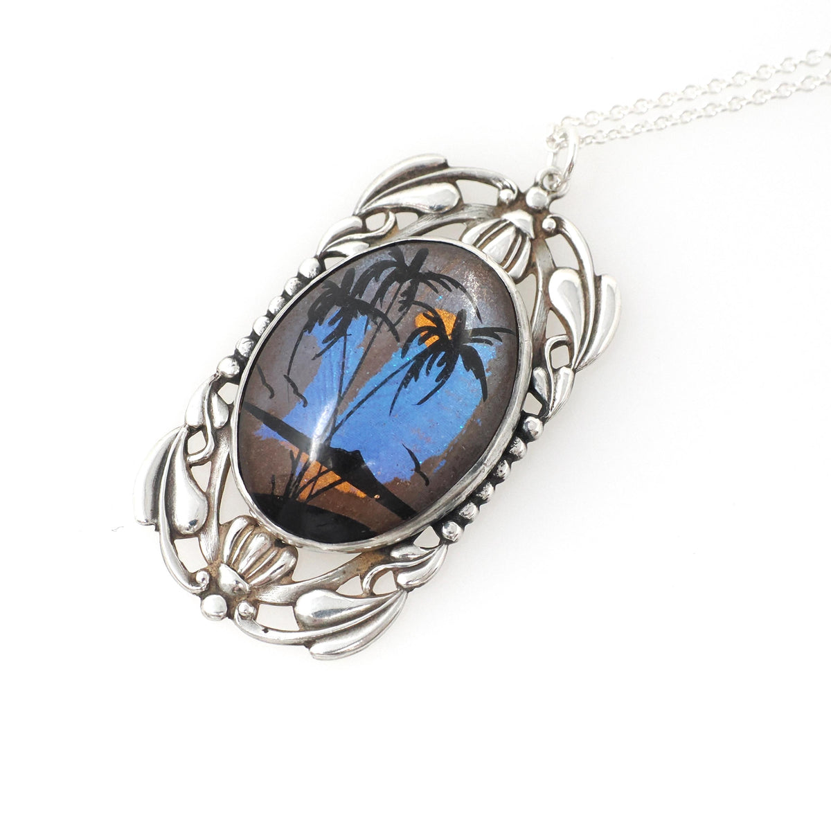 Morpho Butterfly Pendant - Retro Sterling Silver Blue Wing Necklace - Vintage Circa 1940s Era Tropical Sun Palm Tree Beach Souvenir Jewelry