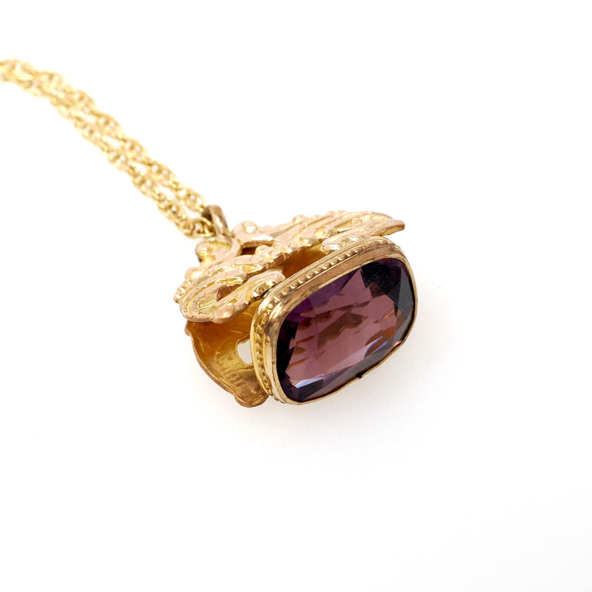 Antique Fob Necklace - Victorian Era Yellow Gold Filled Faceted Purple Glass Wax Seal - Circa 1890s Swirled Repousse Watch Pendant Jewelry