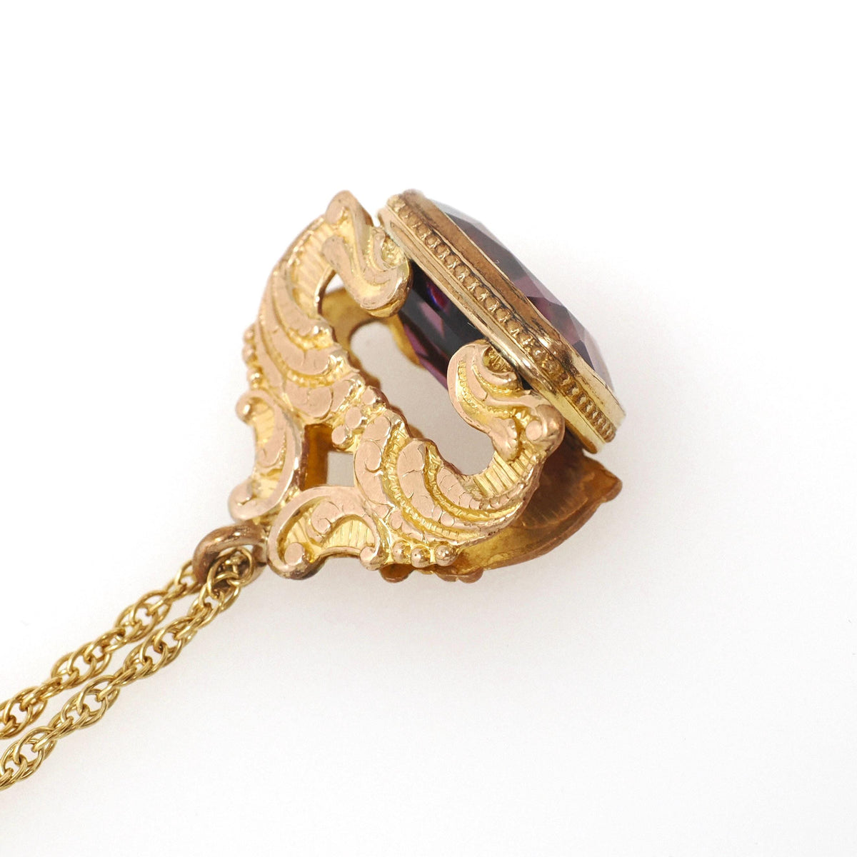 Antique Fob Necklace - Victorian Era Yellow Gold Filled Faceted Purple Glass Wax Seal - Circa 1890s Swirled Repousse Watch Pendant Jewelry