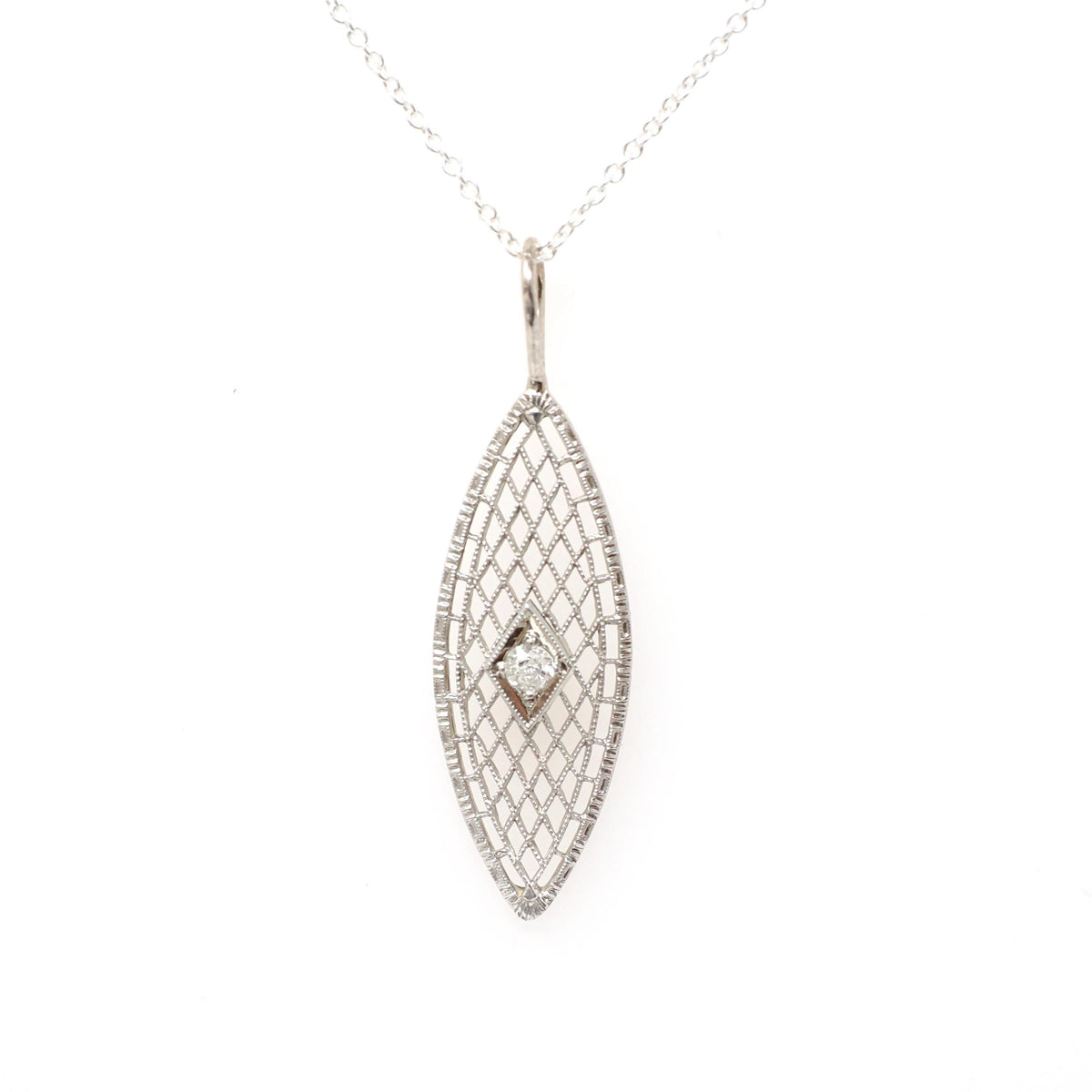 Art Deco Necklace - Vintage 14k White Gold Filigree Brooch Conversion Pendant - Circa 1930s Era .05 CT Diamond Gemstone Dainty Fine Jewelry